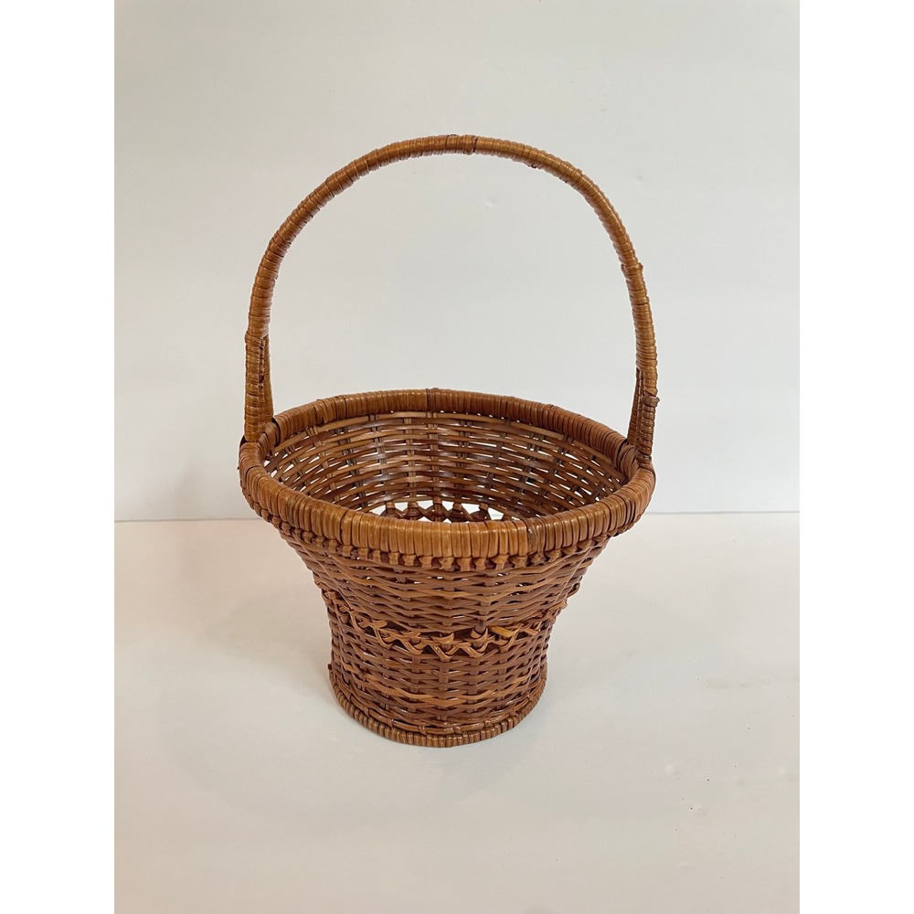 Vintage Woven Wicker Basket with Handle Brown Round Flared Decorative